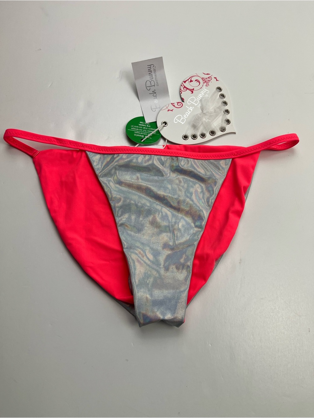 Beach Bunny Blade Runner Bikini Skimpy Bottom Coral Holographic Womens Large NEW